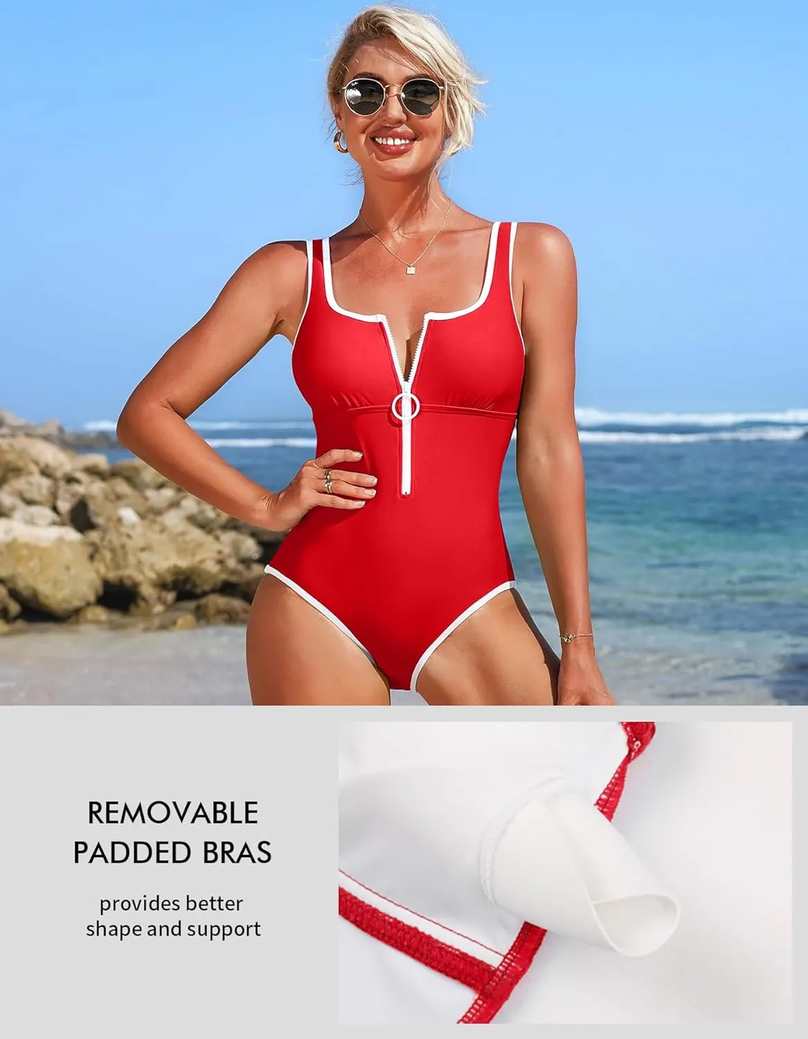 Charmo Women's One Piece Swimsuit Zipper Front Bathing Suits Square Round Neck Swimwear Low Back Monokini