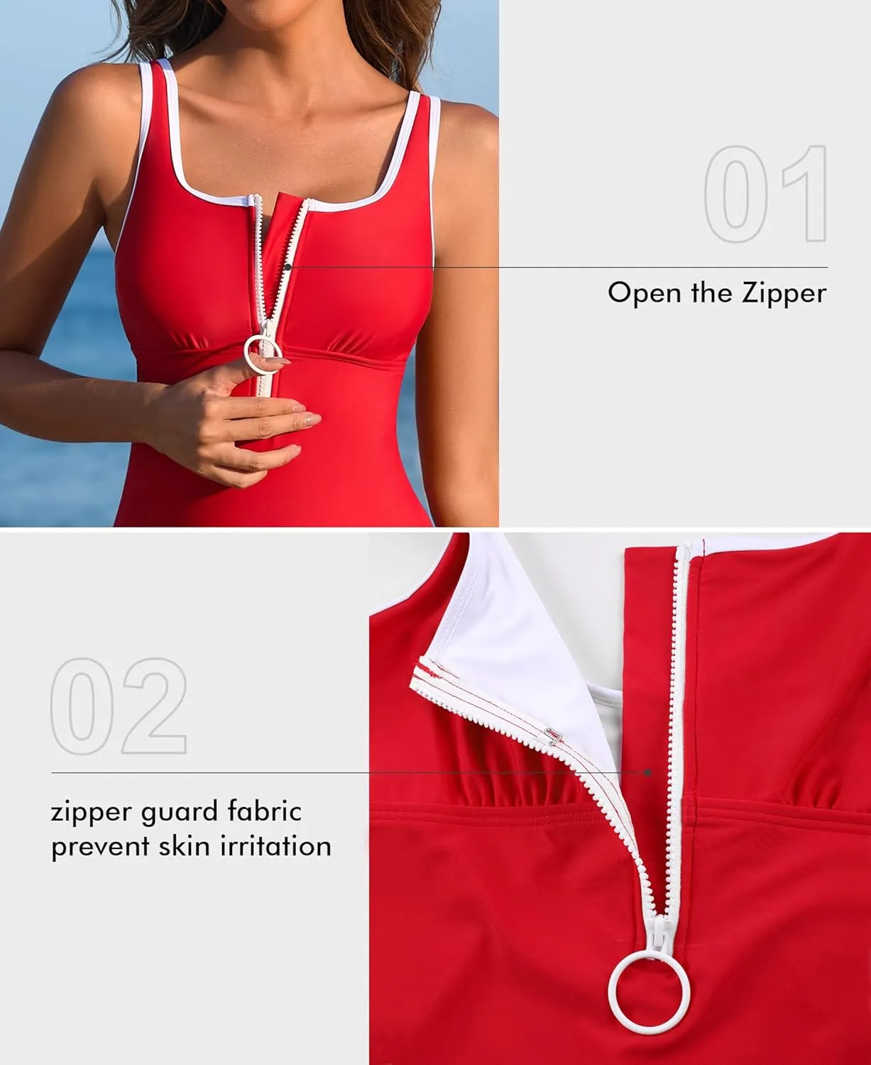 Charmo Women's One Piece Swimsuit Zipper Front Bathing Suits Square Round Neck Swimwear Low Back Monokini