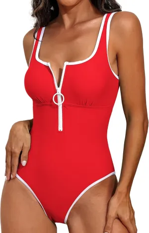 Charmo Women's One Piece Swimsuit Zipper Front Bathing Suits Square Round Neck Swimwear Low Back Monokini