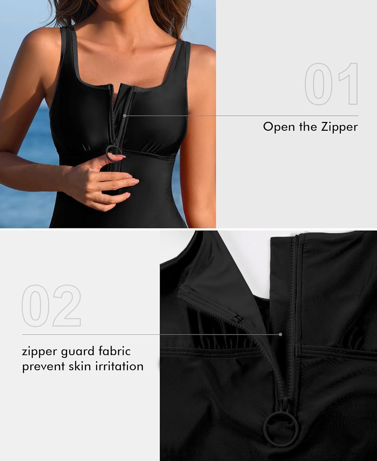 Charmo Women's One Piece Swimsuit Zipper Front Bathing Suits Square Round Neck Swimwear Low Back Monokini