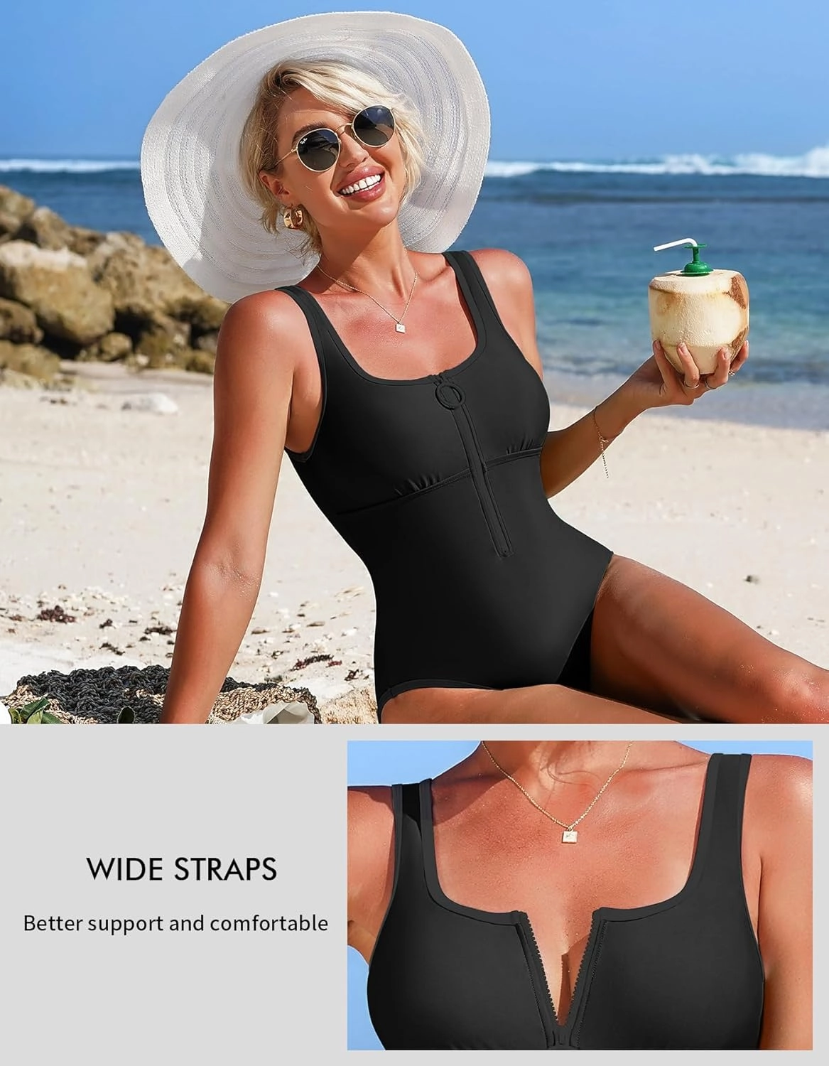 Charmo Women's One Piece Swimsuit Zipper Front Bathing Suits Square Round Neck Swimwear Low Back Monokini