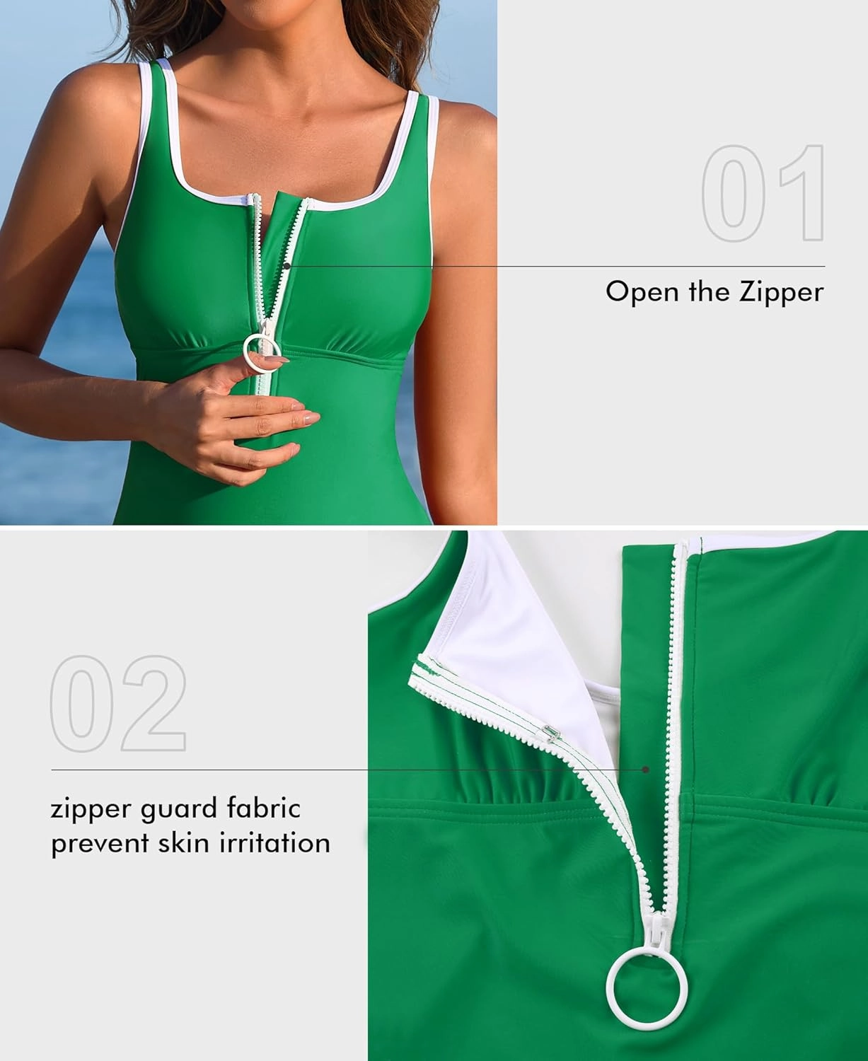 Charmo Women's One Piece Swimsuit Zipper Front Bathing Suits Square Round Neck Swimwear Low Back Monokini