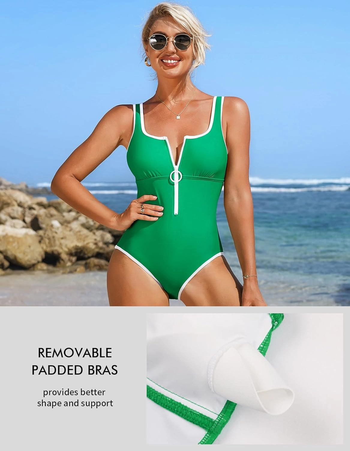 Charmo Women's One Piece Swimsuit Zipper Front Bathing Suits Square Round Neck Swimwear Low Back Monokini