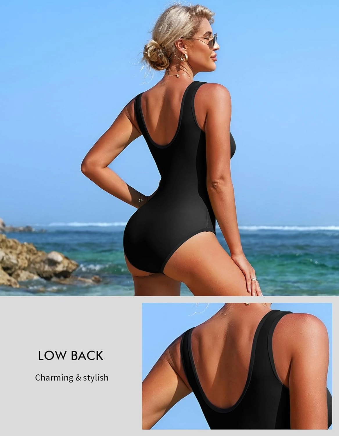 Charmo Women's One Piece Swimsuit Zipper Front Bathing Suits Square Round Neck Swimwear Low Back Monokini