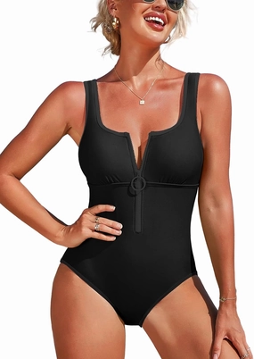 Charmo Women's One Piece Swimsuit Zipper Front Bathing Suits Square Round Neck Swimwear Low Back Monokini