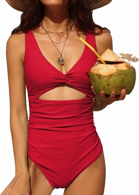 Charmo Womens One Piece Swimsuit Ruched Tummy Control High Cut Backless V Neck Bathing Suits Swimwear