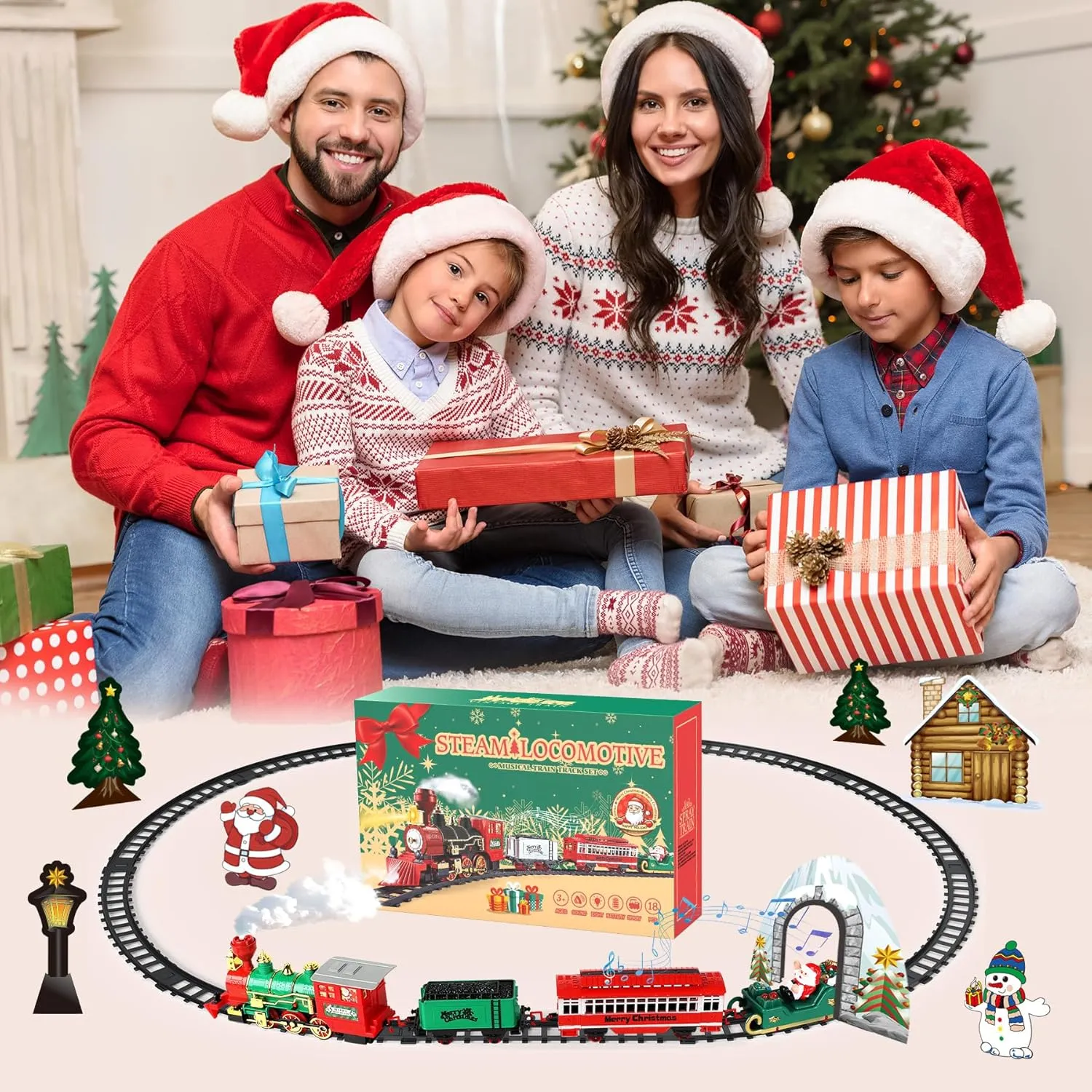 Christmas Train Set with Smoke, Light and Sounds, Kids Train Set, Toy Train Set for Around The Tree, Train Toy for Ages 3 4 5 6 7 8  Years Old Boys, Green