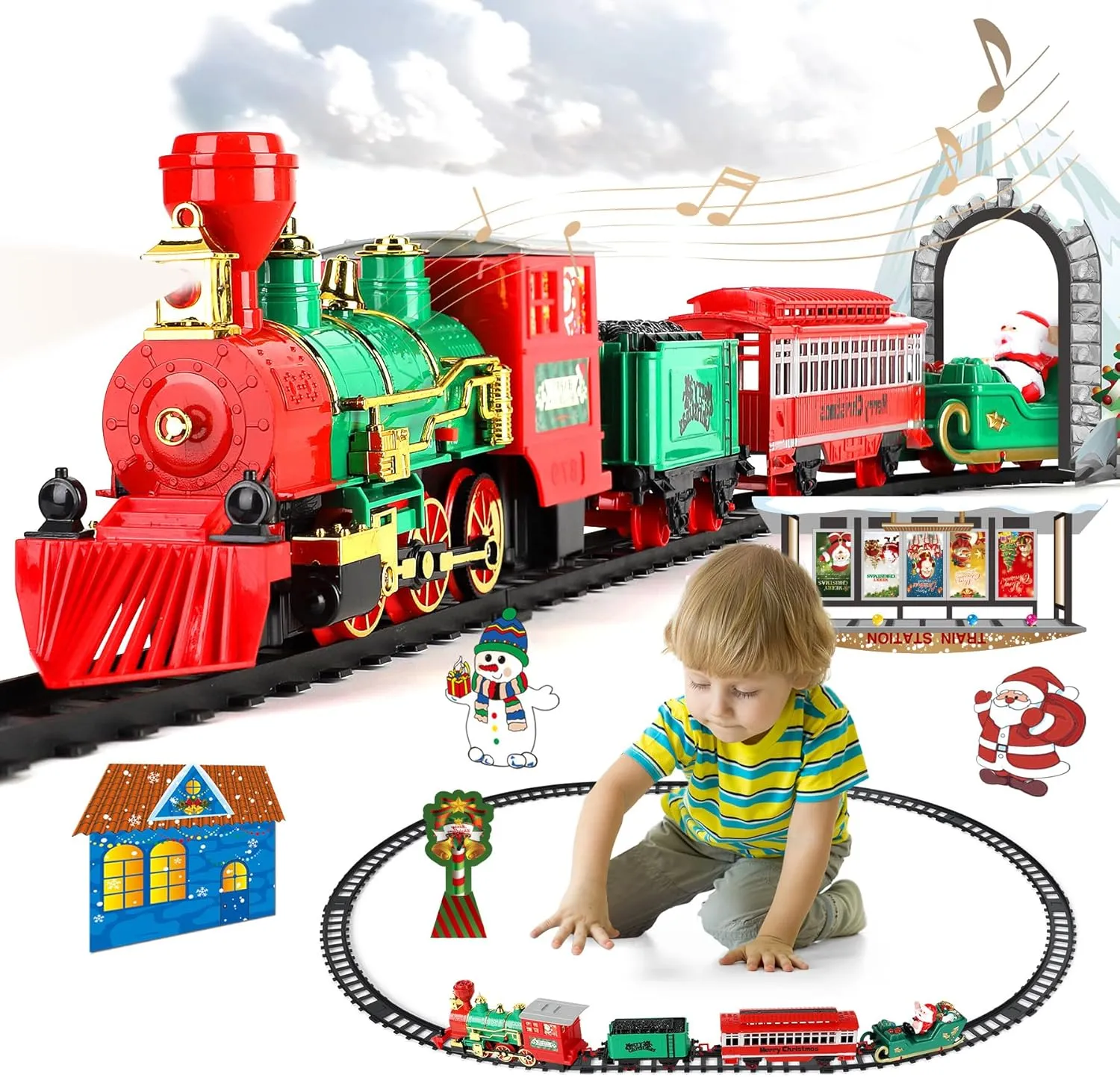 Christmas Train Set with Smoke, Light and Sounds, Kids Train Set, Toy Train Set for Around The Tree, Train Toy for Ages 3 4 5 6 7 8  Years Old Boys, Green
