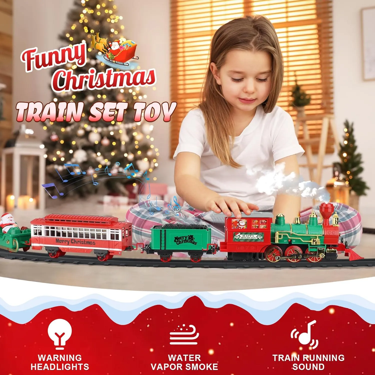Christmas Train Set with Smoke, Light and Sounds, Kids Train Set, Toy Train Set for Around The Tree, Train Toy for Ages 3 4 5 6 7 8  Years Old Boys, Green