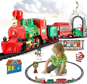 Christmas Train Set with Smoke, Light and Sounds, Kids Train Set, Toy Train Set for Around The Tree, Train Toy for Ages 3 4 5 6 7 8  Years Old Boys, Green