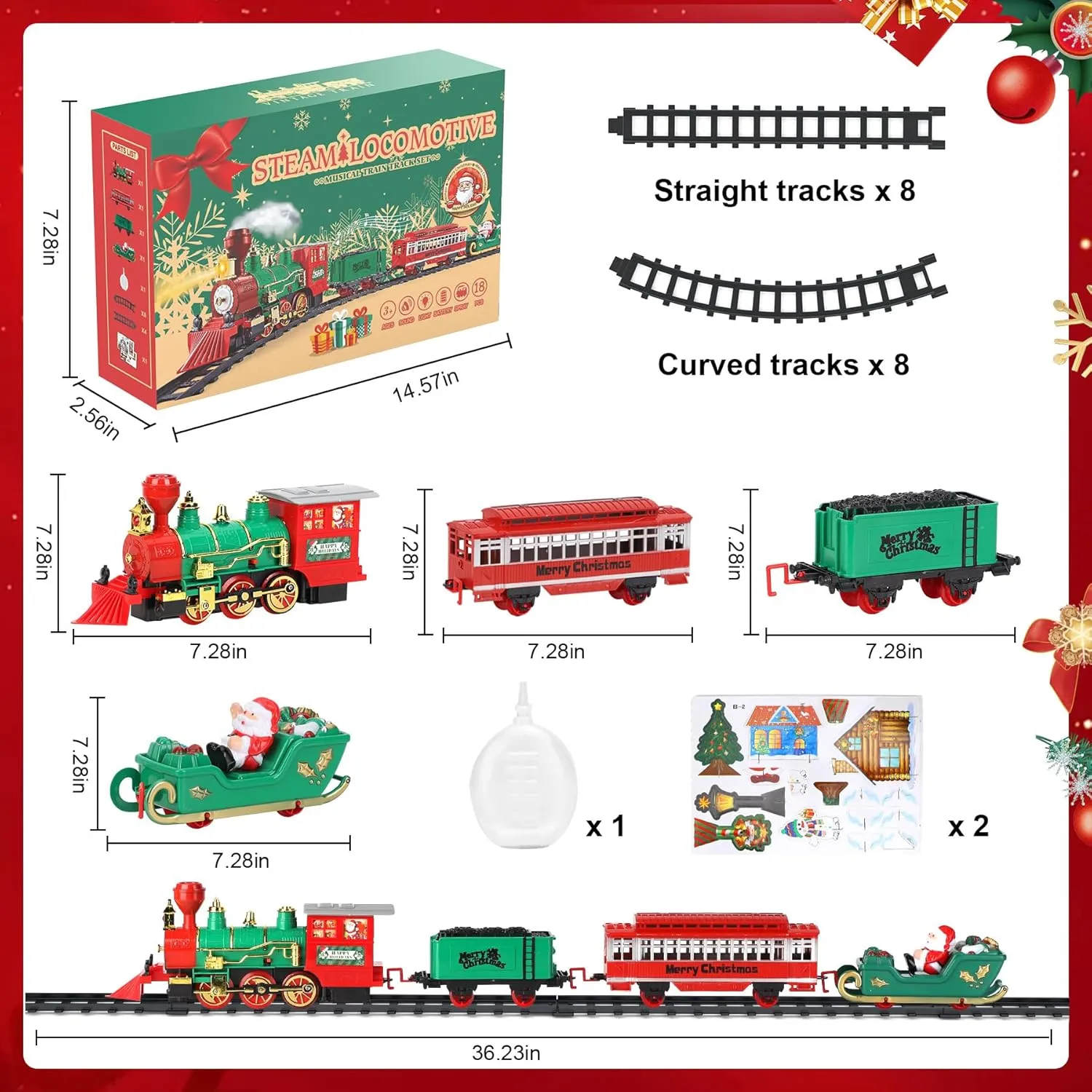 Christmas Train Set with Smoke, Light and Sounds, Kids Train Set, Toy Train Set for Around The Tree, Train Toy for Ages 3 4 5 6 7 8  Years Old Boys, Green