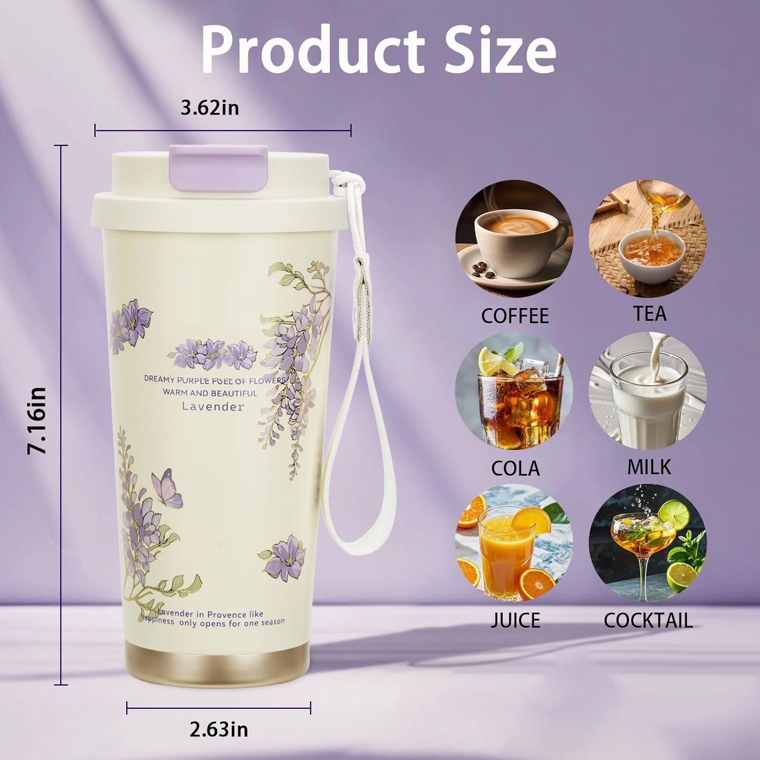 Coffee Mug,2-In-1 Spill Proof Lid Travel Coffee Cup,Premium Stainless Steel Leak-Proof Thermos Mug,Reusable Coffee Tumbler for Travel,School,Office (Ceramic, Purple Lavender)