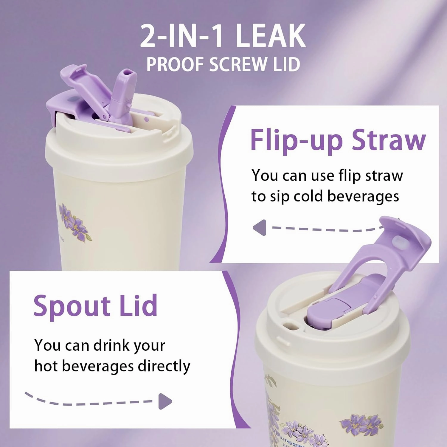 Coffee Mug,2-In-1 Spill Proof Lid Travel Coffee Cup,Premium Stainless Steel Leak-Proof Thermos Mug,Reusable Coffee Tumbler for Travel,School,Office (Ceramic, Purple Lavender)