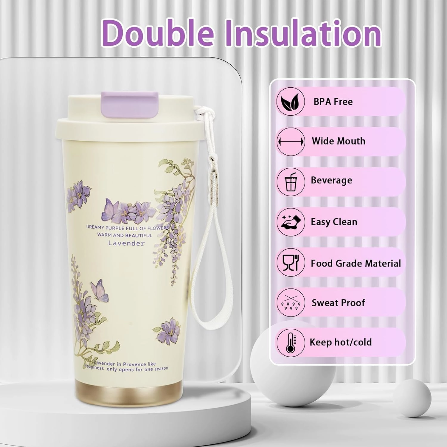 Coffee Mug,2-In-1 Spill Proof Lid Travel Coffee Cup,Premium Stainless Steel Leak-Proof Thermos Mug,Reusable Coffee Tumbler for Travel,School,Office (Stainless Steel, Purple Lavender)