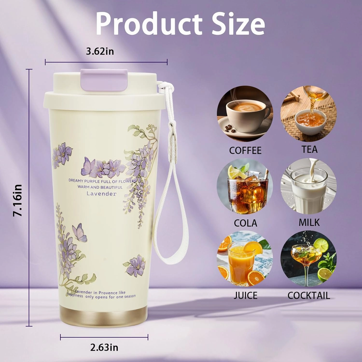Coffee Mug,2-In-1 Spill Proof Lid Travel Coffee Cup,Premium Stainless Steel Leak-Proof Thermos Mug,Reusable Coffee Tumbler for Travel,School,Office (Stainless Steel, Purple Lavender)