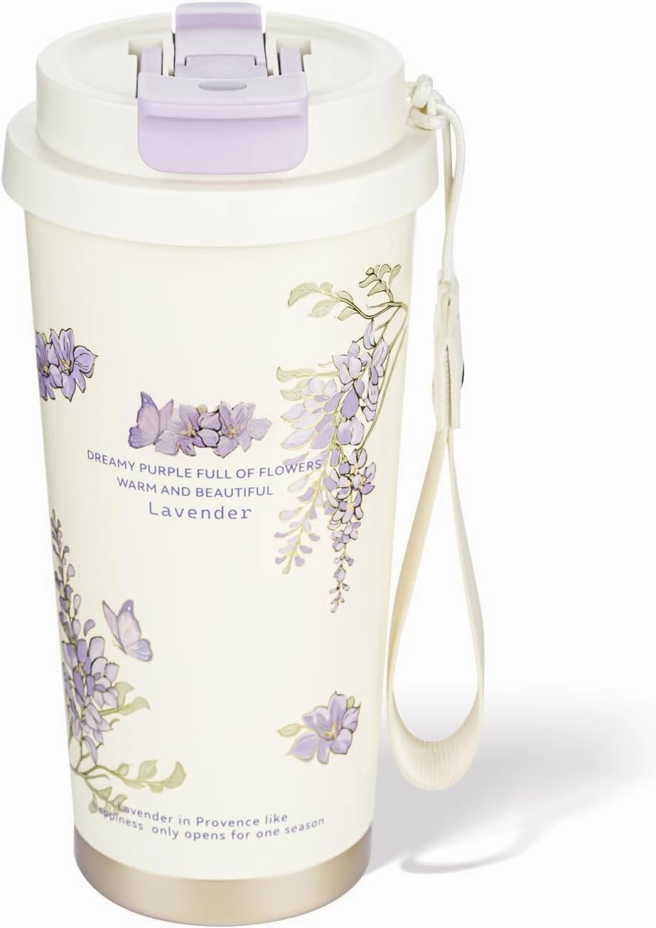 Coffee Mug,2-In-1 Spill Proof Lid Travel Coffee Cup,Premium Stainless Steel Leak-Proof Thermos Mug,Reusable Coffee Tumbler for Travel,School,Office (Stainless Steel, Purple Lavender)
