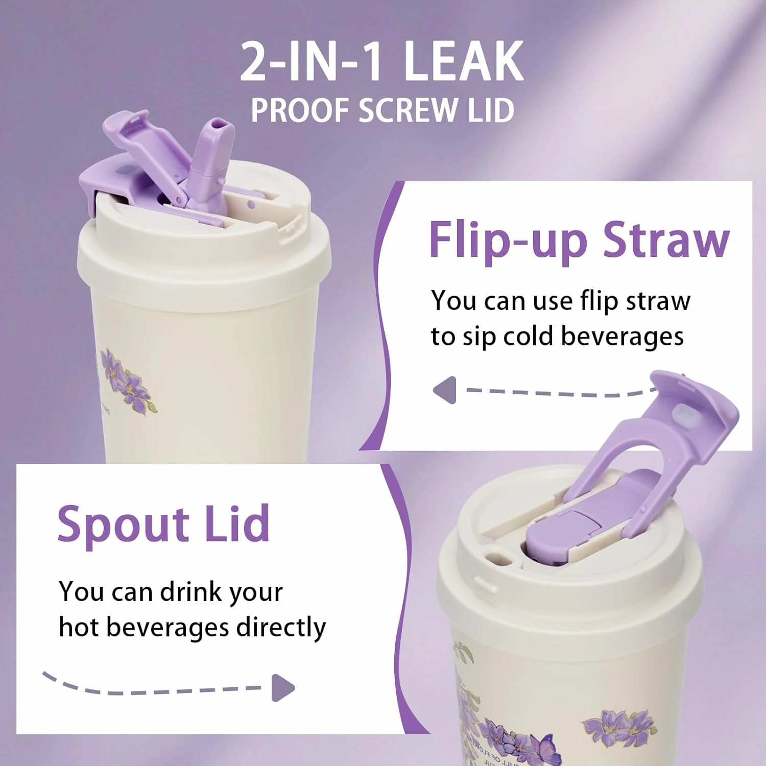 Coffee Mug,2-In-1 Spill Proof Lid Travel Coffee Cup,Premium Stainless Steel Leak-Proof Thermos Mug,Reusable Coffee Tumbler for Travel,School,Office (Stainless Steel, Purple Lavender)