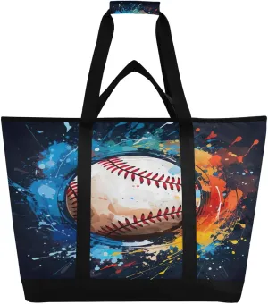 Colorful Baseaball Reusable Insulated Lunchbox Cooler Bag, Leakproof Kitchen Grocery Bag Collapsible Portable Cooler Tote Bag for Picnic, Camping, Office, Travel