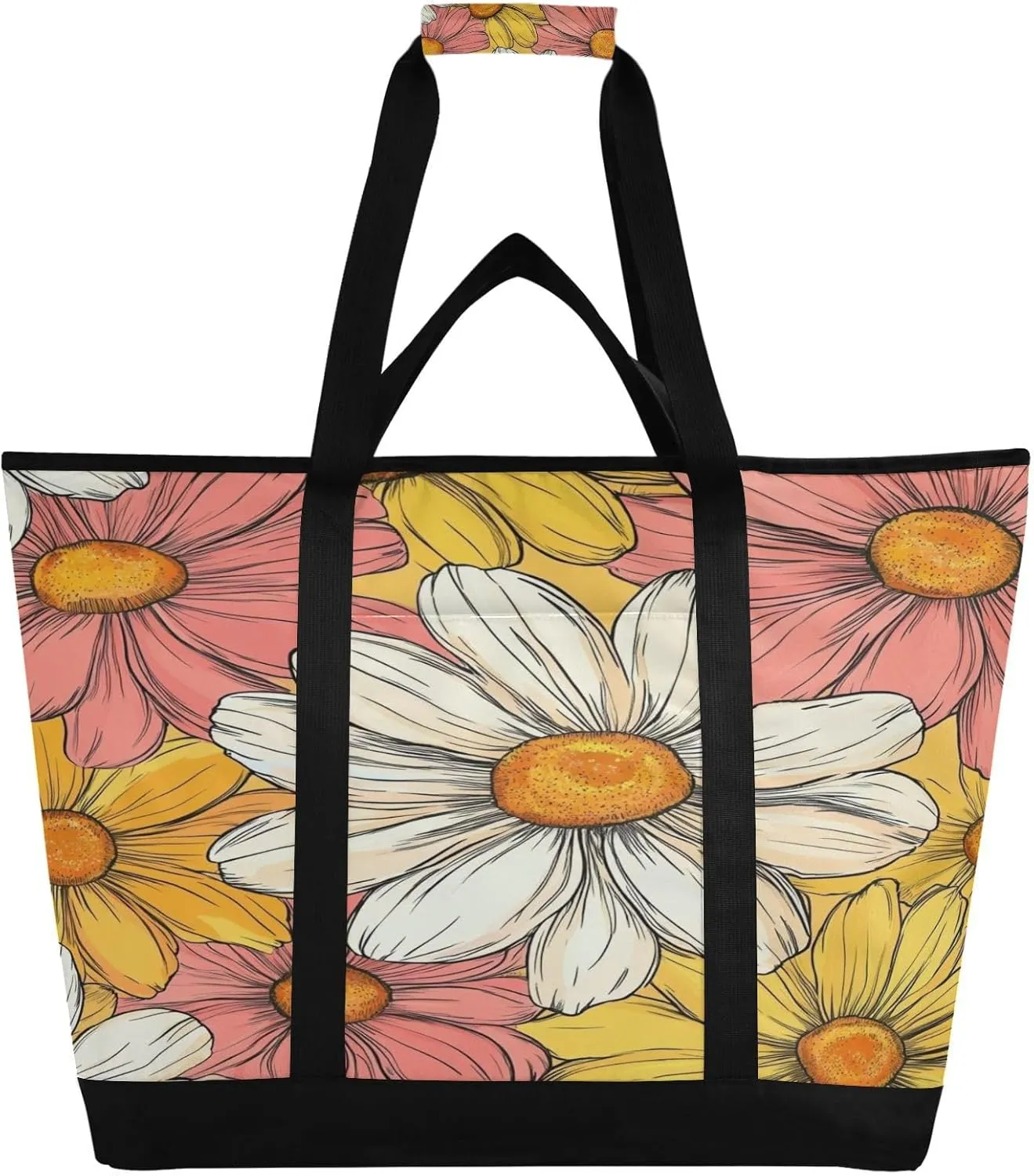 Colorful Daisy Reusable Insulated Lunchbox Cooler Bag, Leakproof Kitchen Grocery Bag Collapsible Portable Cooler Tote Bag for Picnic, Camping, Office, Travel