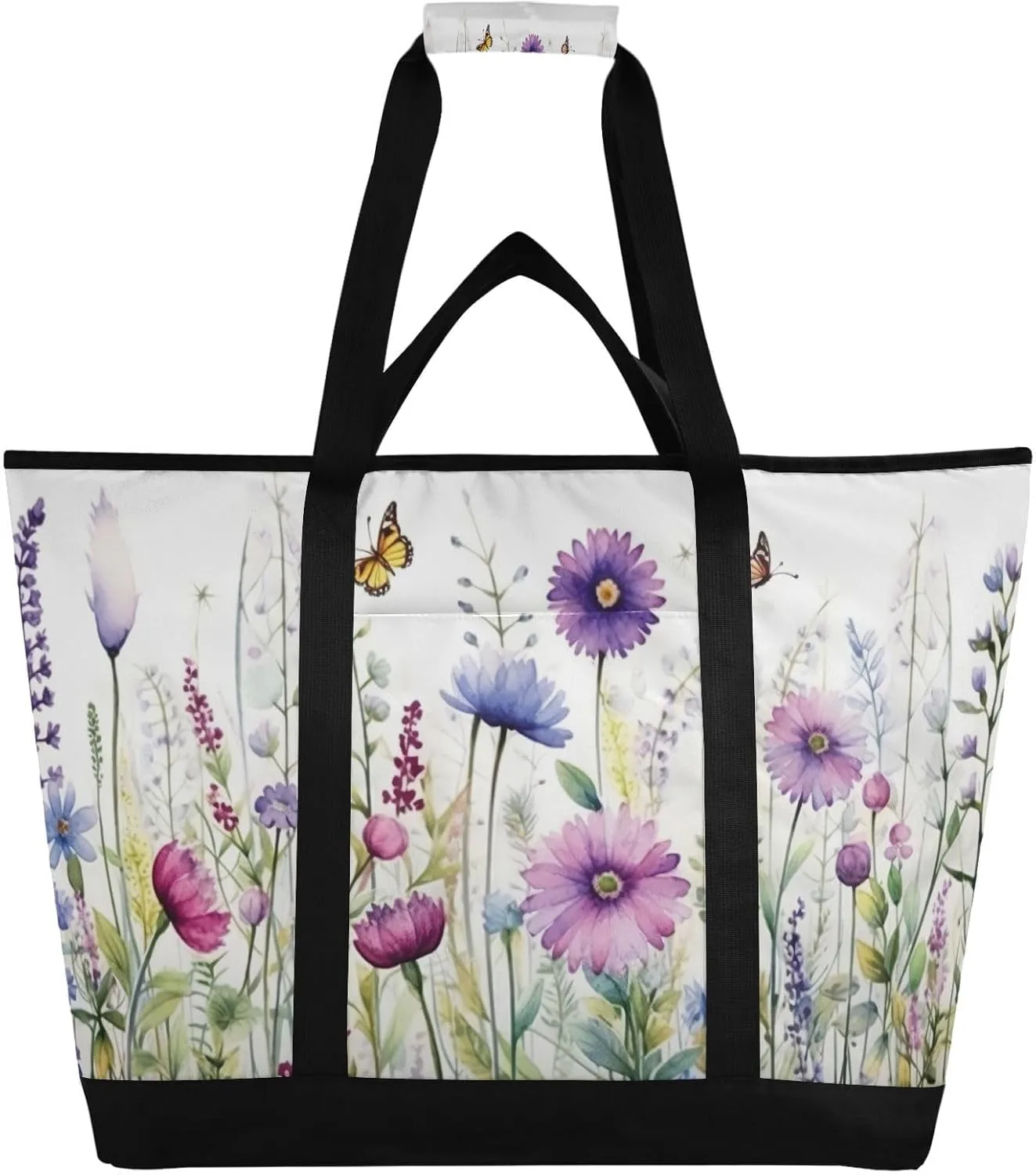 Colorful Flowers Reusable Insulated Lunchbox Cooler Bag, Leakproof Kitchen Grocery Bag Collapsible Portable Cooler Tote Bag for Picnic, Camping, Office, Travel