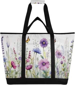 Colorful Flowers Reusable Insulated Lunchbox Cooler Bag, Leakproof Kitchen Grocery Bag Collapsible Portable Cooler Tote Bag for Picnic, Camping, Office, Travel