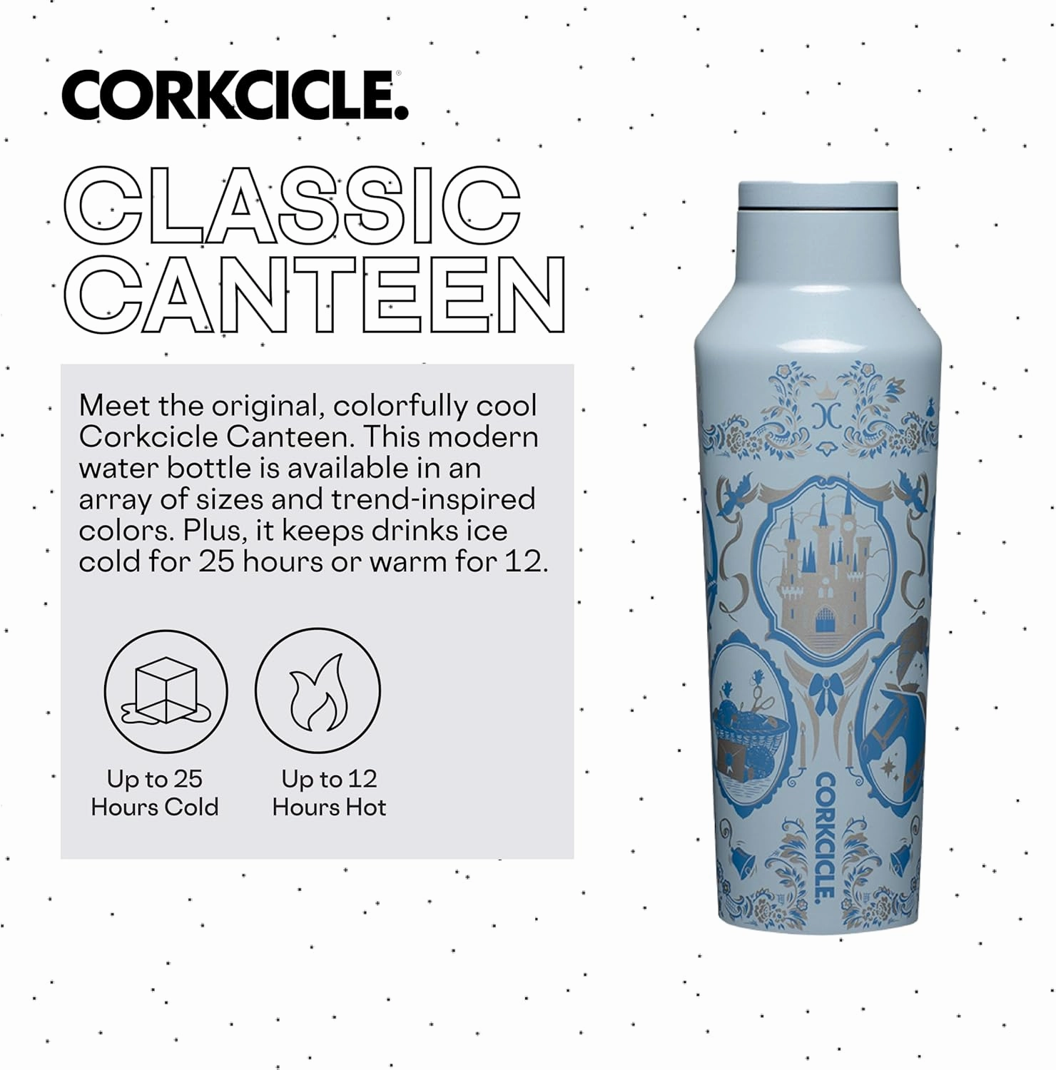 Corkcicle x Disney Princess Cinderella Sport Canteen Insulated Tumbler, 20 oz – Reusable Water Bottle Keeps Beverages Cold for 25 Hours & Hot 12 Hours – Cupholder Friendly Tumbler with Screw-On Cap
