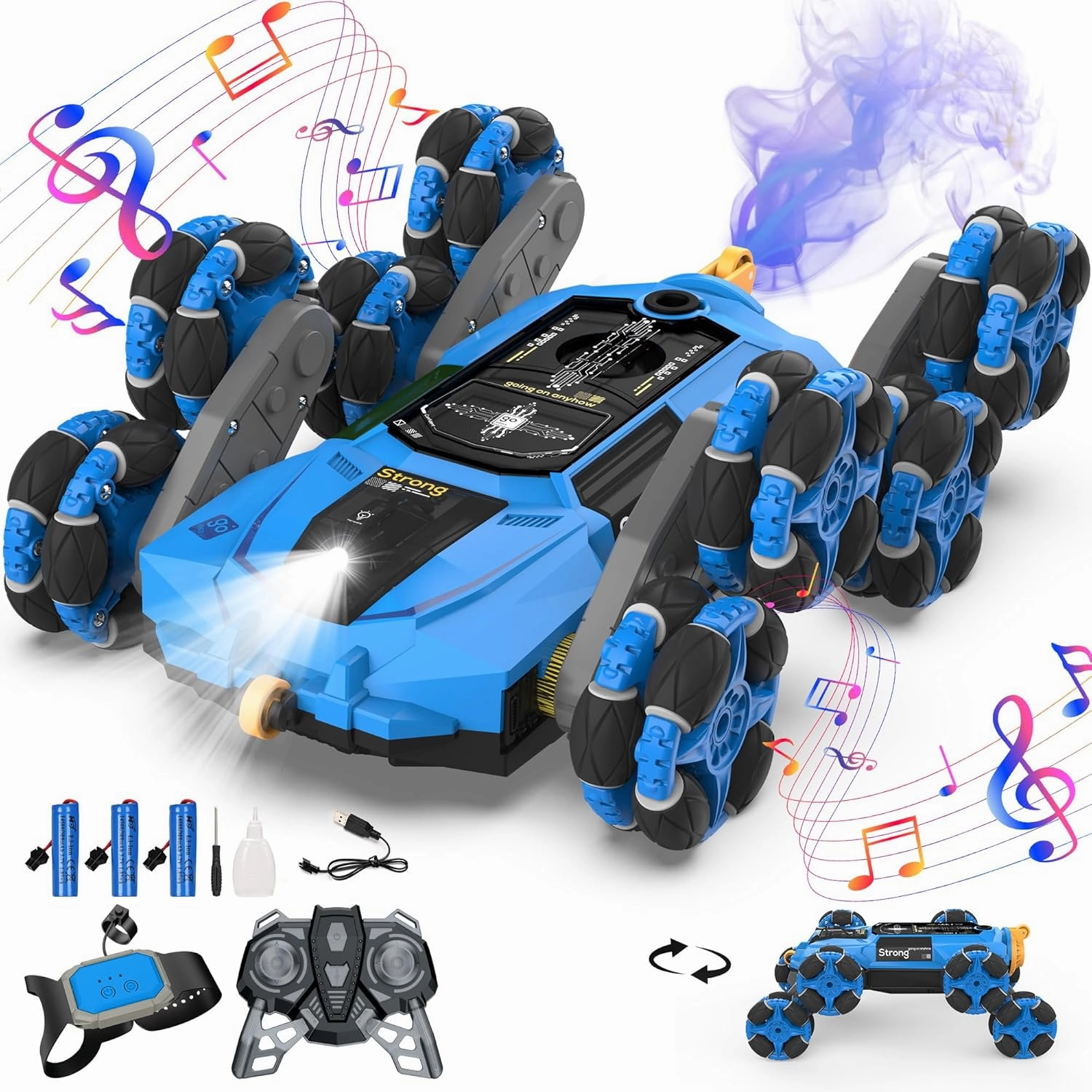 Cossy 8WD Gesture Sensing RC Stunt Car, 2 Modes, Drift Car with Light & Music, 360° Rotation, Climbing Stunt Car, Ages 8-13, Cool Spray & Lights