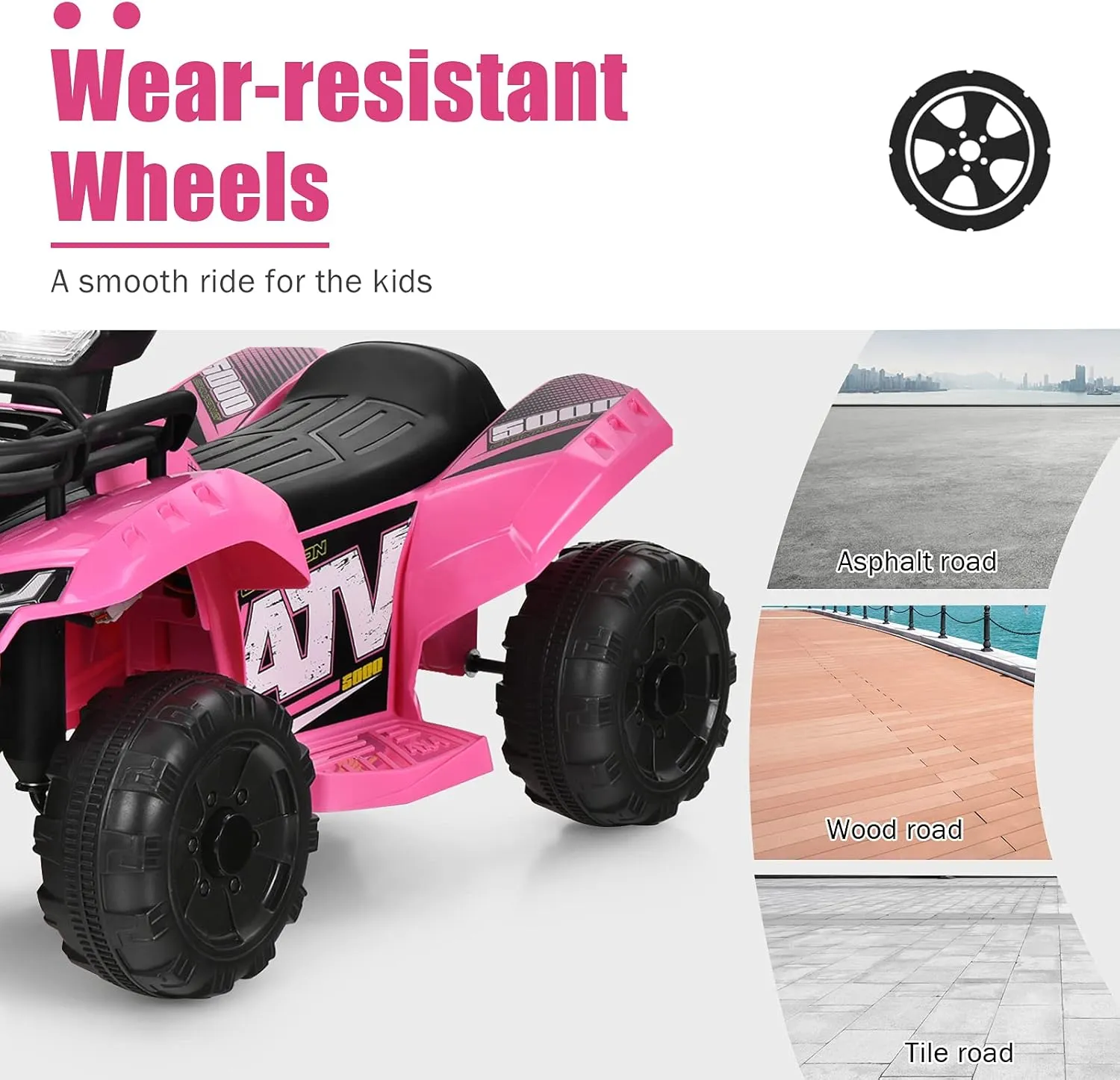 Costzon Kids ATV, 6V Battery Powered Electric Vehicle Four Wheeler Quad w/Storage Basket, Headlight, Horn, Music, MP3 & USB, Toddler 4 Wheeler Ride on Car Toy for Boys Girls 18-36 Months (Pink)
