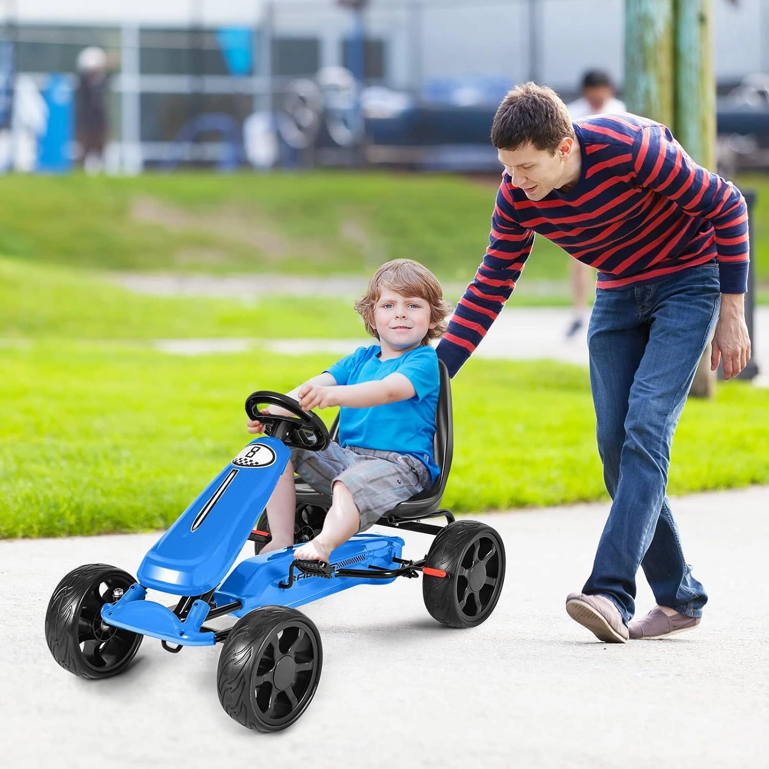 Costzon Pedal Go Kart, 4 Wheel Powered Ride On Toy, Pedal Car with Ergonomic Adjustable Seat, Handbrake, Non-Slip Rubber Wheels, Go Kart for Kids 2-5, Gift for Boys Girls (Blue)