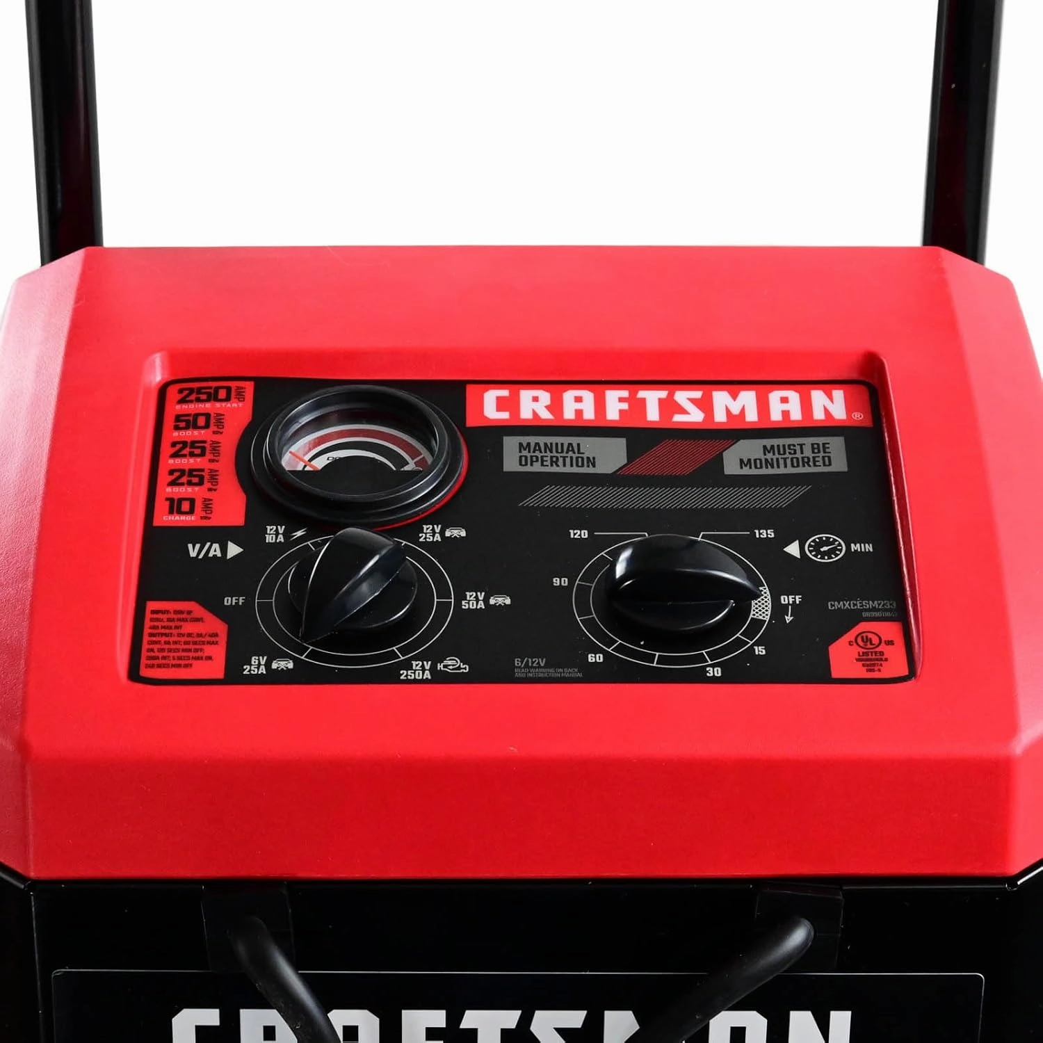 CRAFTSMAN Wheeled Battery Charger and Engine Starter, CMXCESM233, 2-in-1 Manual Timer Controlled, 250 Cranking Amps, 6 Volt, 12 Volt, for Car, SUV, Truck, and Marine Batteries