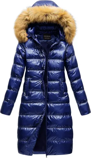 CREATMO US Women's Long Winter Faux Fur Coat Puffer Warm Jacket with Detachable Hood