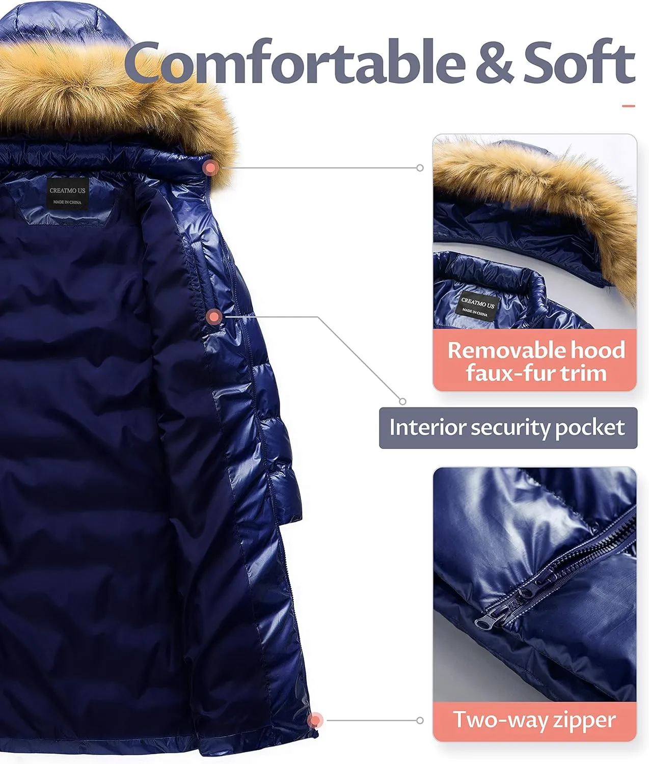 CREATMO US Women's Long Winter Faux Fur Coat Puffer Warm Jacket with Detachable Hood