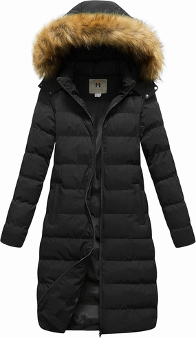 CREATMO US Women's Long Winter Faux Fur Coat Puffer Warm Jacket with Detachable Hood