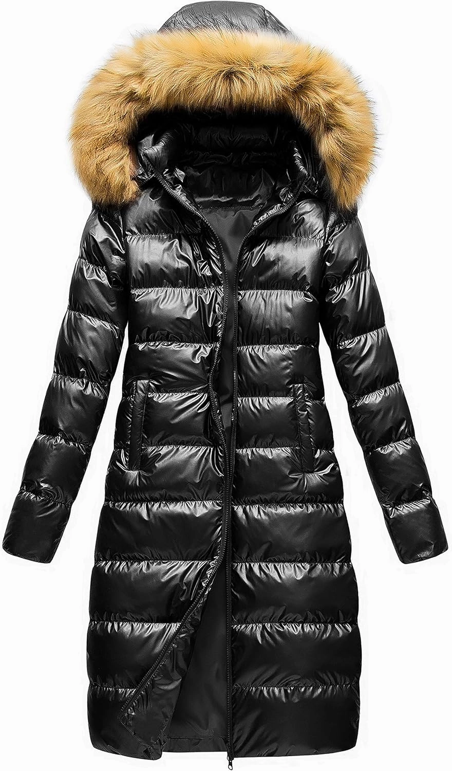 CREATMO US Women's Long Winter Faux Fur Coat Puffer Warm Jacket with Detachable Hood