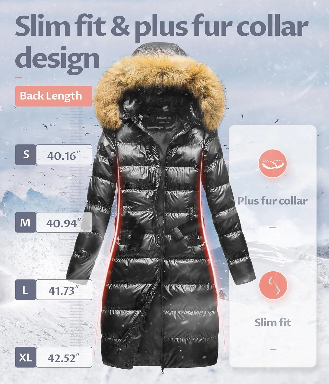 CREATMO US Women's Long Winter Faux Fur Coat Puffer Warm Jacket with Detachable Hood