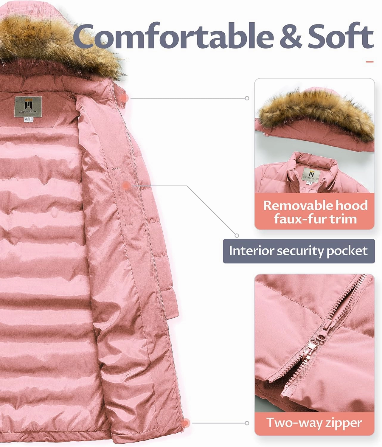 CREATMO US Women's Long Winter Faux Fur Coat Puffer Warm Jacket with Detachable Hood