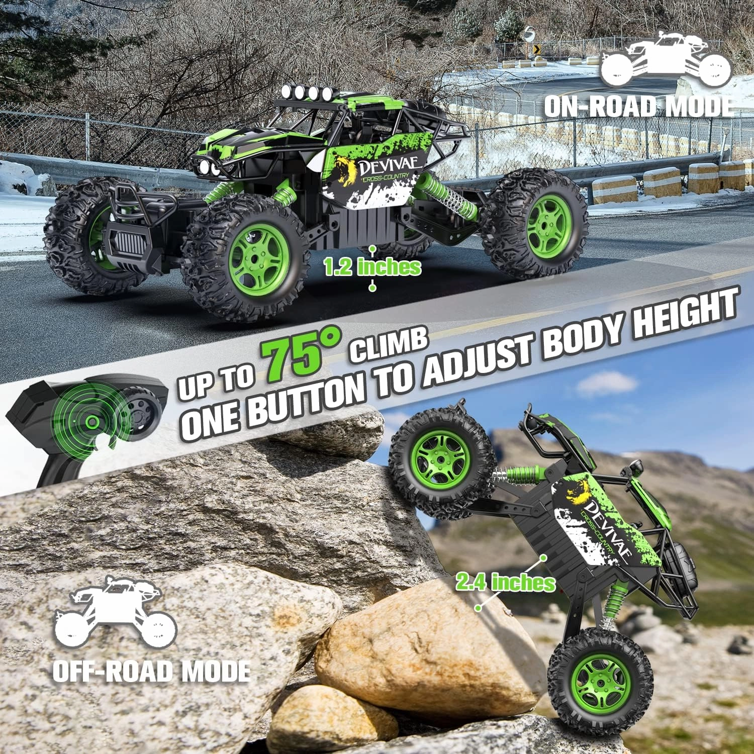 CROBOLL 1:12 Large RC Cars for Boys with Upgraded Lifting Function, 2.4GHz 4WD Remote Control Car Toy Gifts 20km/h Monster Truck for Kids, All Terrain RC Truck for 60Min Play(Green)