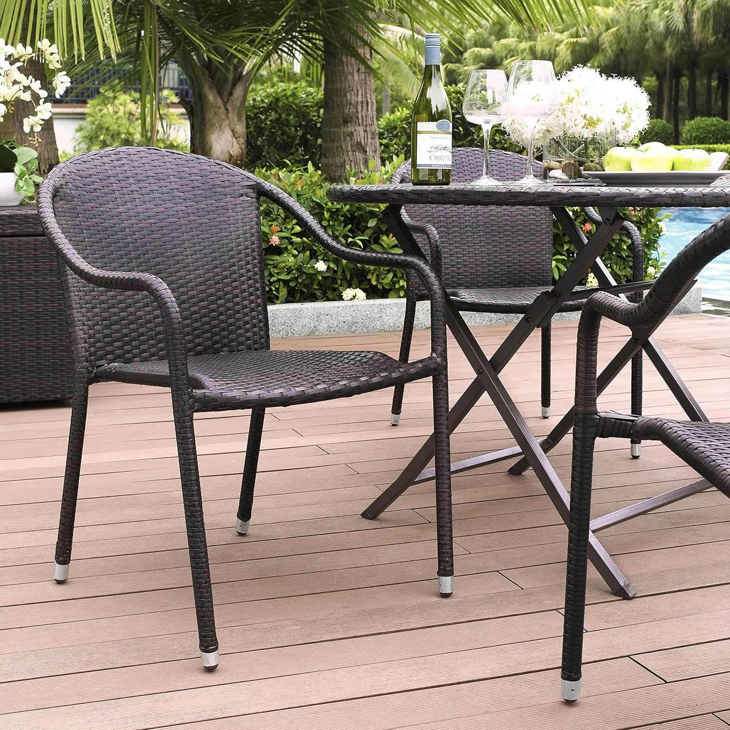 Crosley Furniture Palm Harbor 4-Piece Stackable Outdoor Chair Set, Wicker Patio Chairs for Dining, Porch, Brown