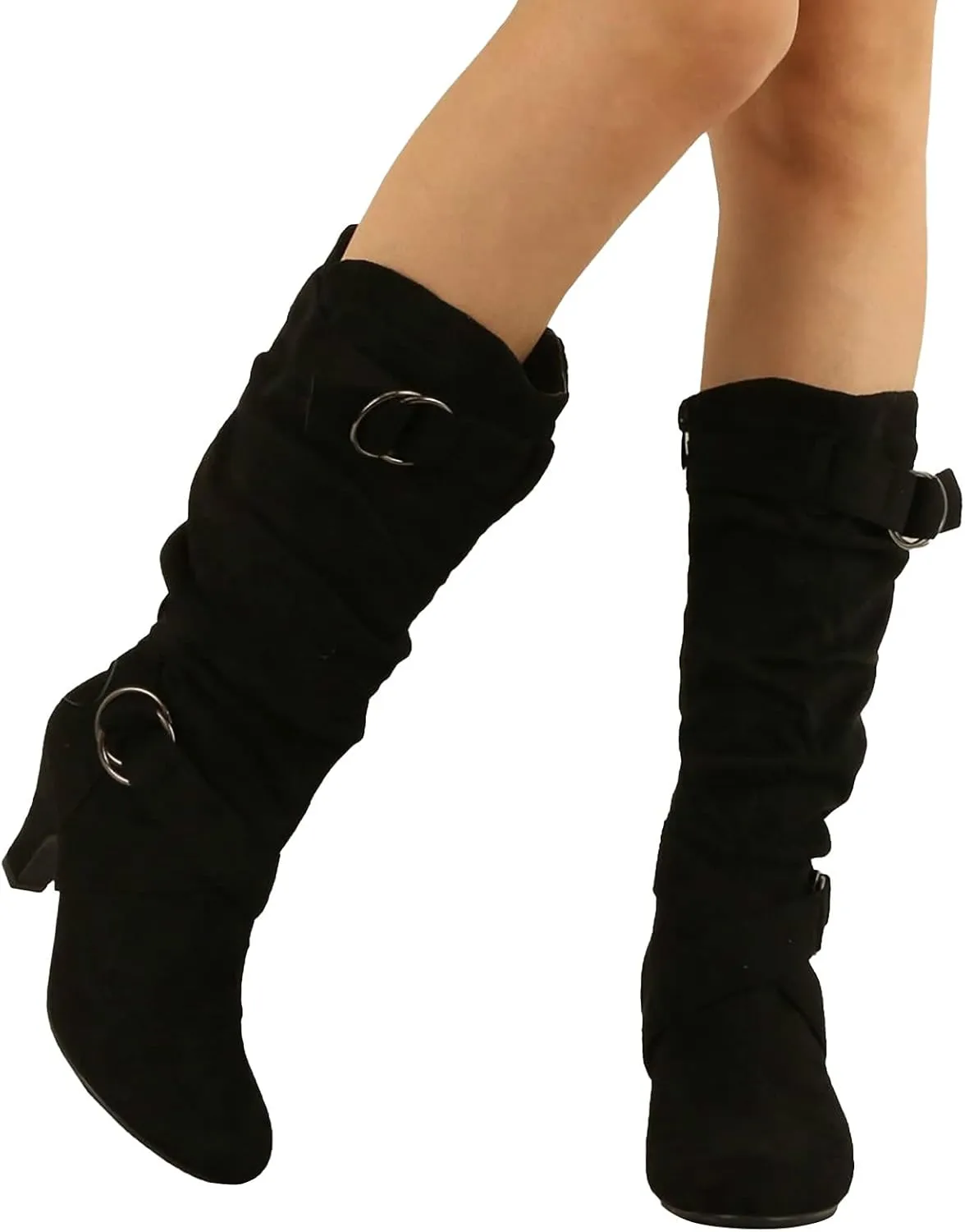 Crzidha High Heel Tall Boots for Women,Suede Almond Toe Knee High Boots with Adjustable Buckle Strap Comcise Solid Elegant Winter Fall Party Shoes Comfy Winter Fall Walking Travel Shoes