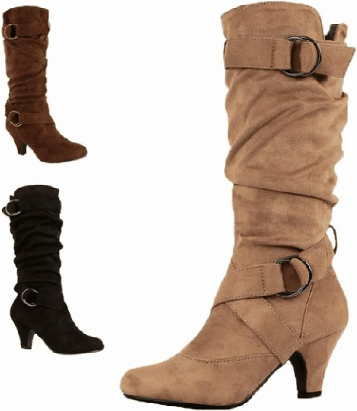 Crzidha High Heel Tall Boots for Women,Suede Almond Toe Knee High Boots with Adjustable Buckle Strap Comcise Solid Elegant Winter Fall Party Shoes Comfy Winter Fall Walking Travel Shoes