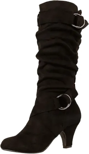 Crzidha High Heel Tall Boots for Women,Suede Almond Toe Knee High Boots with Adjustable Buckle Strap Comcise Solid Elegant Winter Fall Party Shoes Comfy Winter Fall Walking Travel Shoes