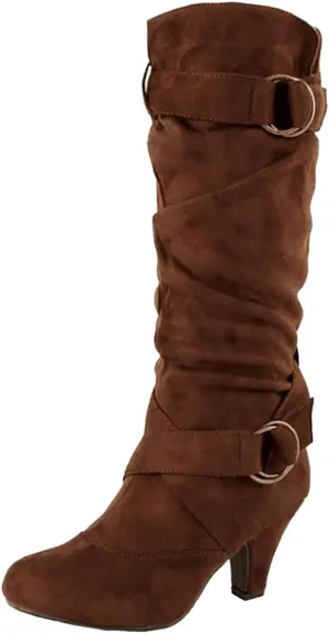 Crzidha High Heel Tall Boots for Women,Suede Almond Toe Knee High Boots with Adjustable Buckle Strap Comcise Solid Elegant Winter Fall Party Shoes Comfy Winter Fall Walking Travel Shoes
