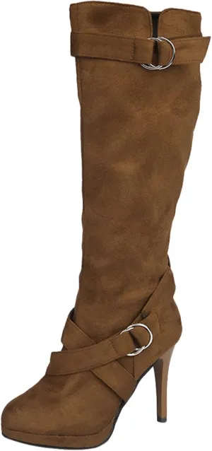 Crzidha High Heel Tall Boots for Women,Suede Almond Toe Knee High Boots with Adjustable Buckle Strap Comcise Solid Elegant Winter Fall Party Shoes Comfy Winter Fall Walking Travel Shoes