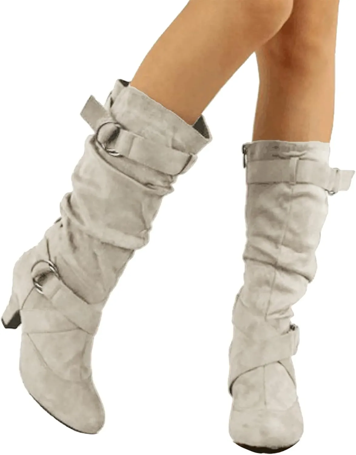 Crzidha High Heel Tall Boots for Women,Suede Almond Toe Knee High Boots with Adjustable Buckle Strap Comcise Solid Elegant Winter Fall Party Shoes Comfy Winter Fall Walking Travel Shoes