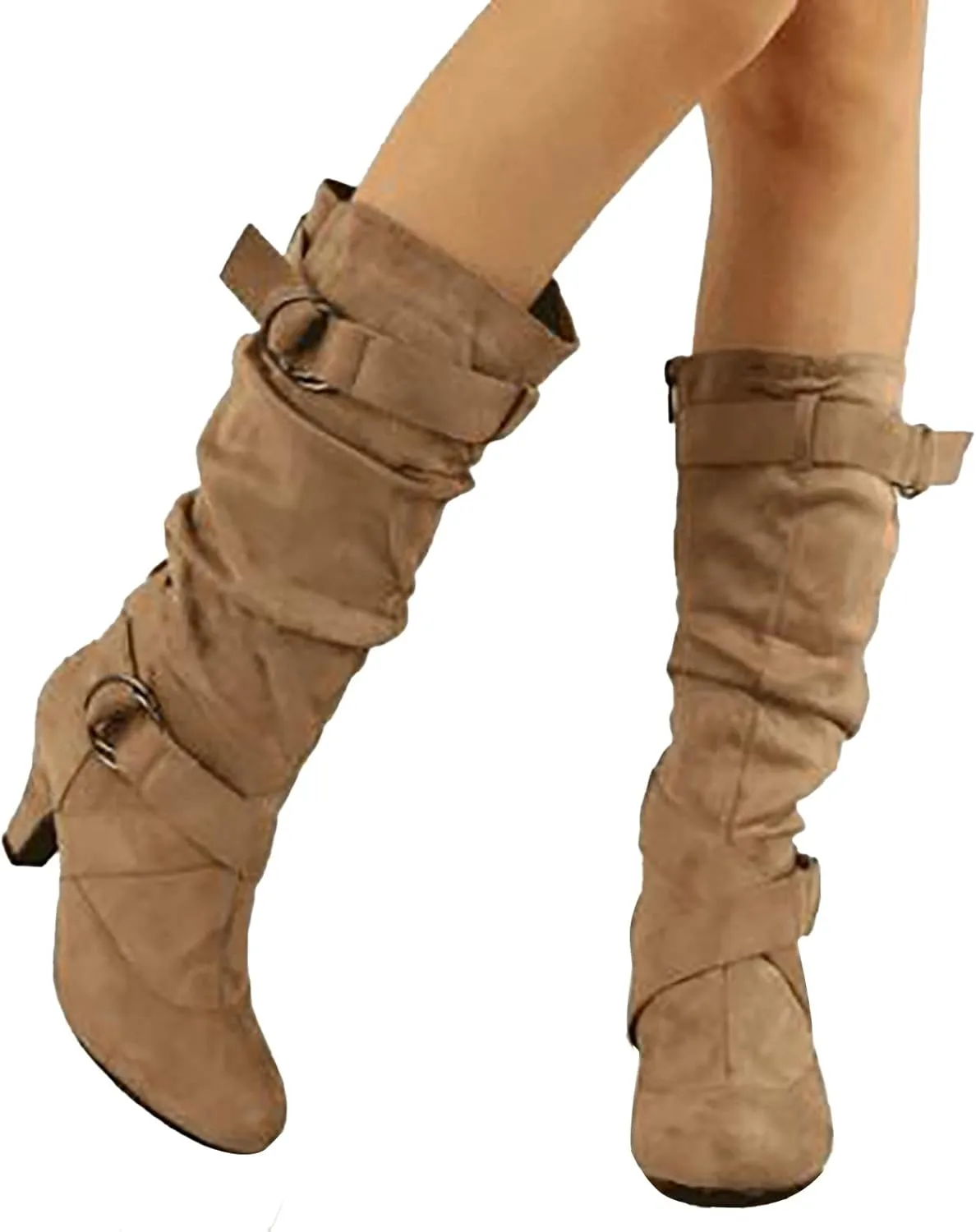 Crzidha High Heel Tall Boots for Women,Suede Almond Toe Knee High Boots with Adjustable Buckle Strap Comcise Solid Elegant Winter Fall Party Shoes Comfy Winter Fall Walking Travel Shoes