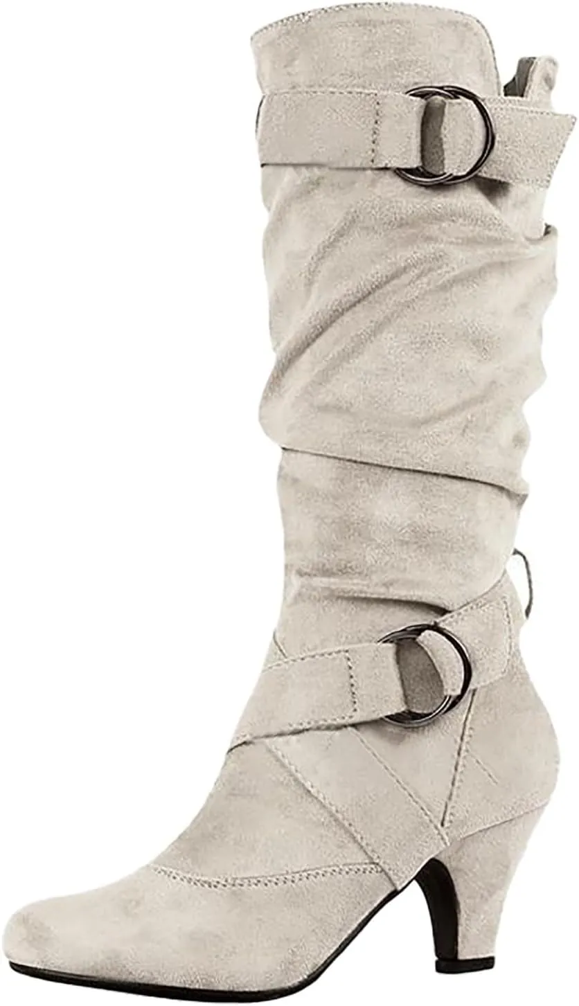 Crzidha High Heel Tall Boots for Women,Suede Almond Toe Knee High Boots with Adjustable Buckle Strap Comcise Solid Elegant Winter Fall Party Shoes Comfy Winter Fall Walking Travel Shoes