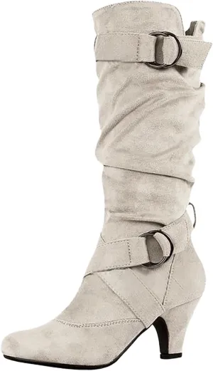 Crzidha High Heel Tall Boots for Women,Suede Almond Toe Knee High Boots with Adjustable Buckle Strap Comcise Solid Elegant Winter Fall Party Shoes Comfy Winter Fall Walking Travel Shoes