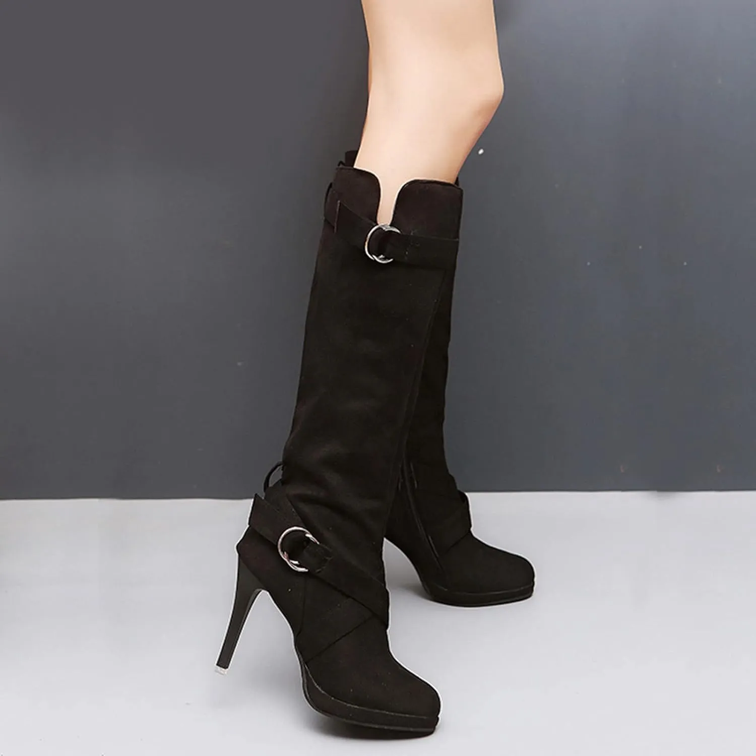 Crzidha High Heel Tall Boots for Women,Suede Almond Toe Knee High Boots with Adjustable Buckle Strap Comcise Solid Elegant Winter Fall Party Shoes Comfy Winter Fall Walking Travel Shoes