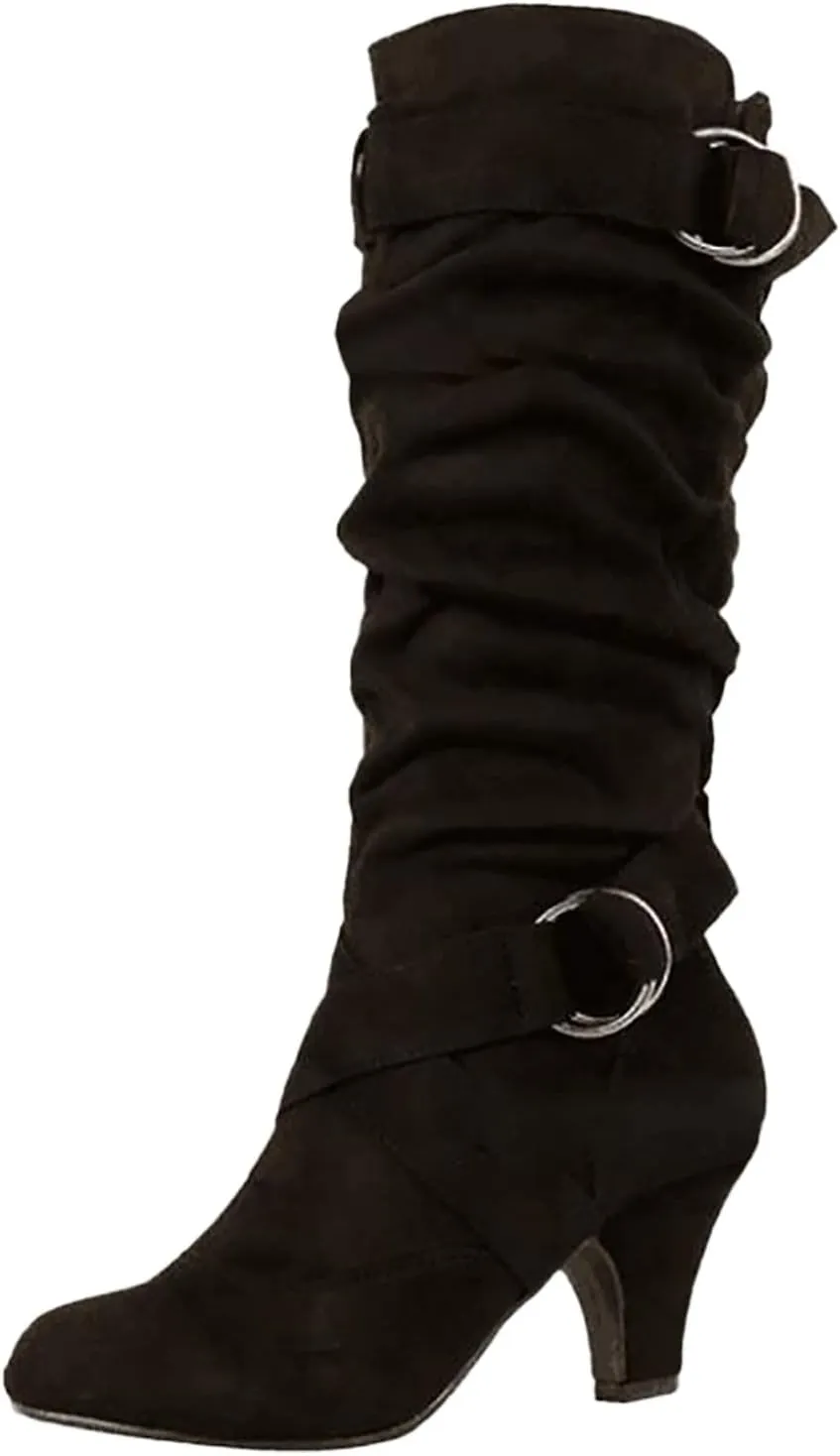 Crzidha High Heel Tall Boots for Women,Suede Almond Toe Knee High Boots with Adjustable Buckle Strap Comcise Solid Elegant Winter Fall Party Shoes Comfy Winter Fall Walking Travel Shoes