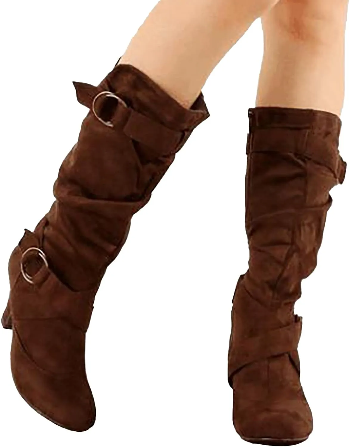 Crzidha High Heel Tall Boots for Women,Suede Almond Toe Knee High Boots with Adjustable Buckle Strap Comcise Solid Elegant Winter Fall Party Shoes Comfy Winter Fall Walking Travel Shoes